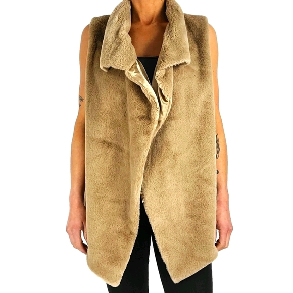Philosophy Faux Fur Vest Cardigan Jacket Size Large Brown Satin Tan - Picture 8 of 8